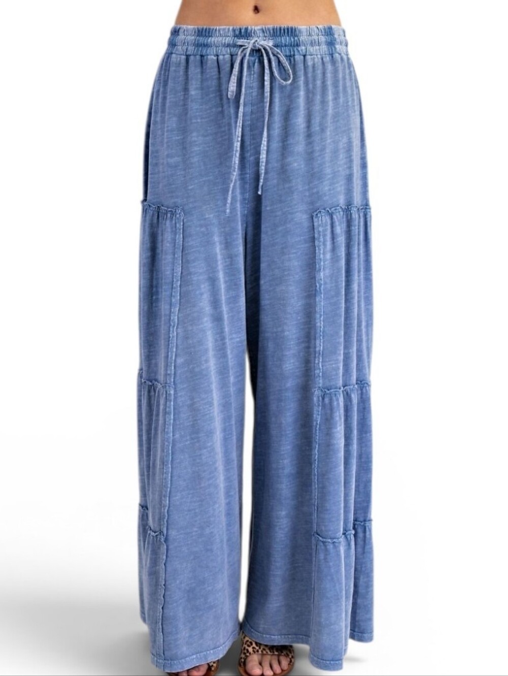 Easel Mineral Washed Tiered Pants Washed Denim Blue New - Picture 4 of 7